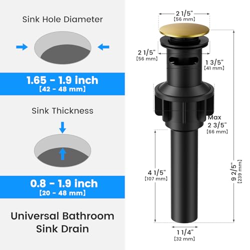 Bathroom Sink Drain with Overflow, Hurran Bathroom Sink Stopper for Bathroom Vanity Vessel Sink, Rapid Draining Plastic Pop-up Sink Drain with Hair Catcher Anti-Clog Strainer, Brushed Gold - color: Brushed Gold
