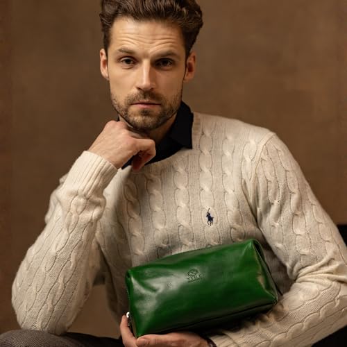 Time Resistance Leather Toiletry Bag - Italian Cosmetic Case Dopp Kit (Green) - color: Green