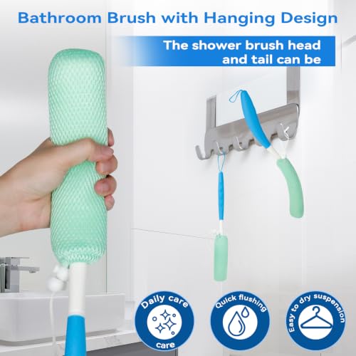 Back Scrubber for Shower，Mesh Sponge Body Shower Brush with Long Handle for Use in Shower Back Scrubber,Back Scrub for Exfoliating Body Scrubber or Shower Brush (Green and Green) - size: Green+Green Handle (YS0125)