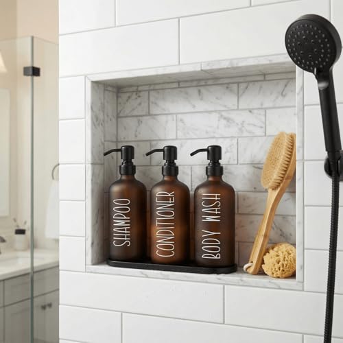 MOMEEMO Amber Shampoo and Conditioner Bottles with Tray, Shower Bottles Refillable with Labels, Hotel Shampoo and Conditioner Dispenser for Shower, Body Wash Container with Pump (Amber) - color: Amber Black