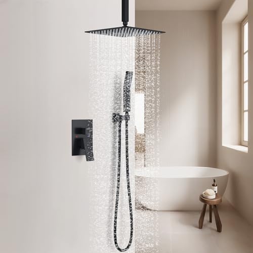 SunCleanse Rainfall Shower System Matte Black Ceiling Mounted Shower System Combo Set with High Pressure 12 Inches Square Rain Shower Head Handheld and Shower Faucet Rough-in Mixer Valve and Trim - color: Matte Black, style: 12-ceiling