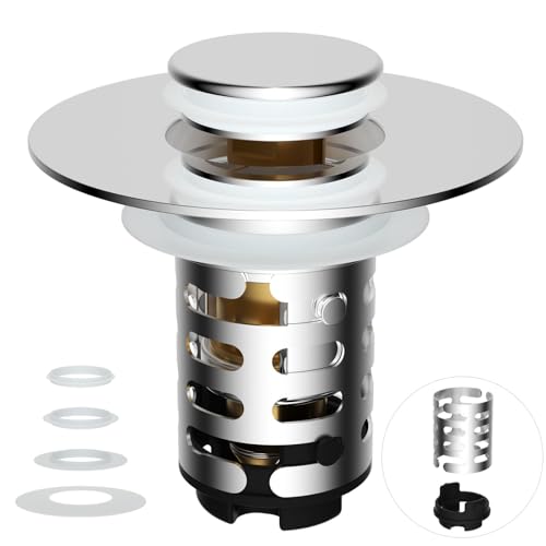 iFealClear Upgraded 4-in-1 Bathroom Sink Drain Stopper Hair Catcher, Universal Pop Up Strainer with 2-Layer Removable Stainless Steel Filter Basket, Anti-clog Sink Plug for 1.1"-2.36" US Basin, Chrome - color: Chrome