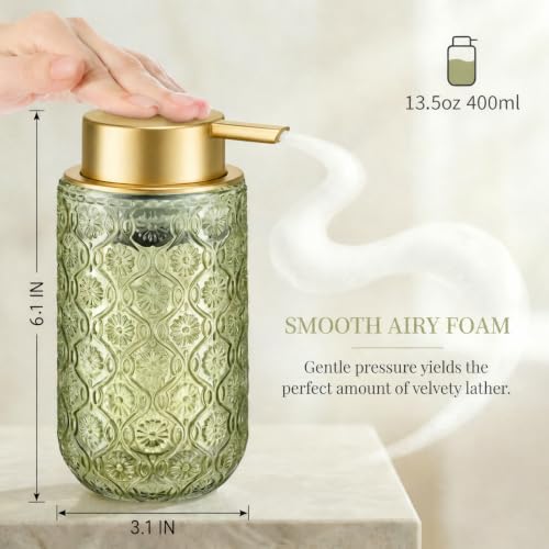 Green and Gold Glass Foaming Hand Soap Dispenser | Matte Gold Pump Embossed Glass Bottle Refillable Bathroom Kitchen Decor 13.5 oz - color: Green and Gold