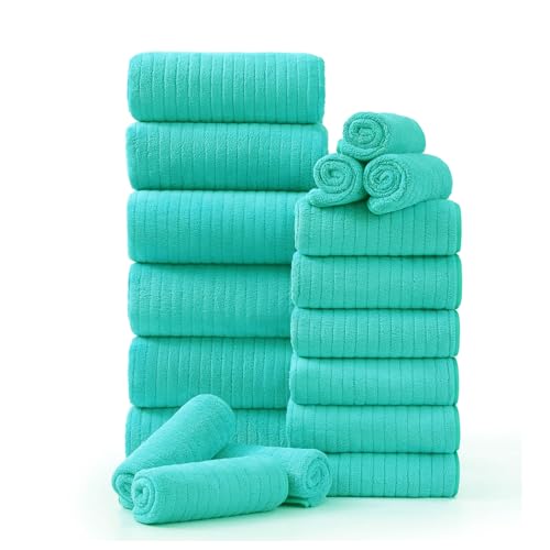 18 Piece Family Bath Towel Set Include 6 Bath Towels,6 Hand Towels and 6 Washcloths Soft Bathroom Towel with Hanging Loops,Highly Absorbent Quick Dry Towels Set for Bathroom,Hotel and Spa- Dark Cyan - color: Dark Cyan, size: 18-Piece Set