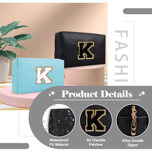 Personalized Initial A-Z Preppy Patch Makeup Bag,Small PU Chenille Letter Cosmetic Bag with Zipper for Teen Girls,Black Cute Toiletry Organizer Bag,Monogram Makeup Case Gift for Women Girls,Letter K - color: Black,Black-Letter, size: K