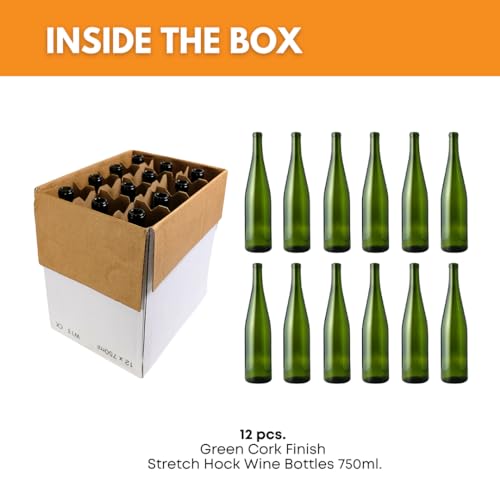 FastRack - 750ml Green Wine Bottles (Pack of 12) | W13 Stretch Hock Liquor Bottles | 750 ml Green Wine Empty Bottle for Drinks - NO CORKS INCLUDED - color: Green