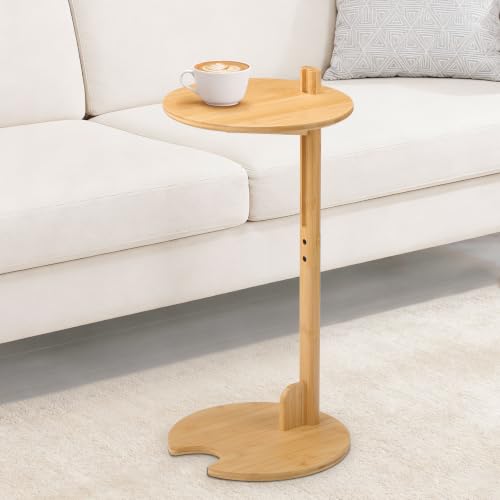 Bamboo C-Shaped Side End Table for Sofa | Slides Under Couch; Round Solid Bamboo Top; Works as Laptop Desk & TV Tray; Space-Saving for Small Living Rooms and Bedrooms - color: Natural