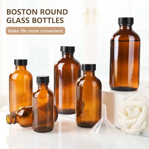 12 Pack 8 oz Amber Glass Boston Bottle With Black Poly Cap, Funnel, Chalk Labels, Pen, Dispensing Bottles for Homemade Vanilla Extract, Essential Oils, Herbal Medicine, Wedding Christmas Decor - size: 8oz 12Pack