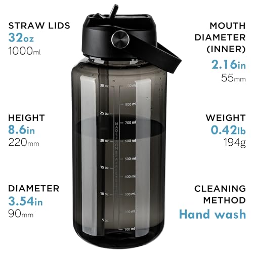 OLDLEY 32oz Water Bottle with Straw, Leakproof Tritan Clear Bottle with Marked Bottle and Carry Handle, BPA-Free Wide Mouth Reusable Sports Bottle for Gym,Hiking, Camping,Travel, Workout,Black - color: Black