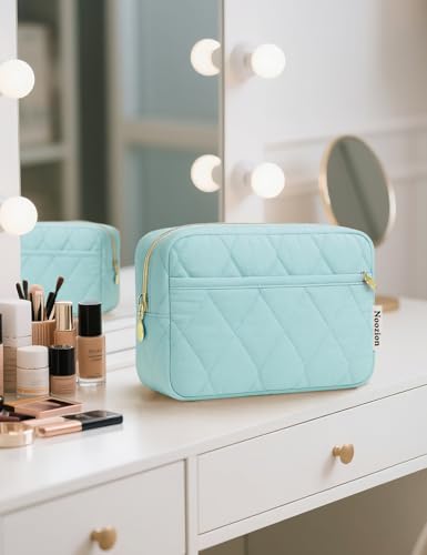 Noozion Makeup Bag Travel Toiletry Bag, Puffy Padded Cosmetic Bag for Women, Makeup Organizer Case, Wide-open Pouch Purse, Travel Essentials - color: Dusty Blue-Green