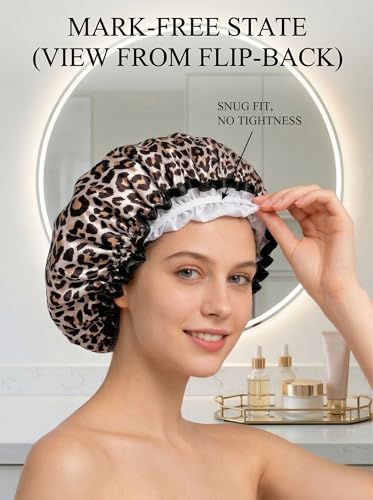 Aquior Shower Cap, Reusable Waterproof Leopard Print Hair Cap,Dual Layer Large Ruffle Edge for Long Hair, Ideal for Shower, Skincare, Cooking, Spa and Travel Use