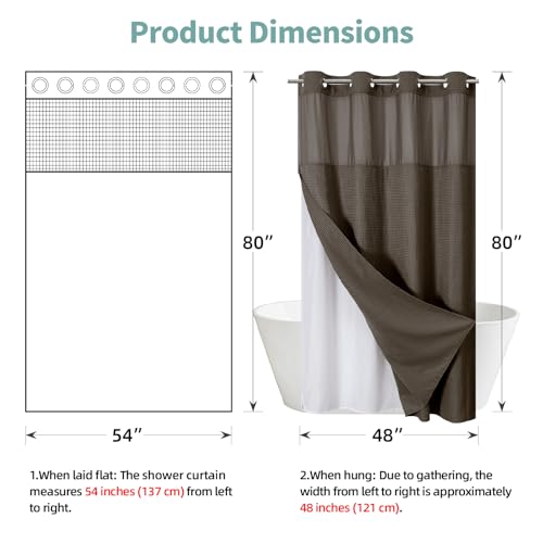 eachope Brown No Hook Waffle Weave Shower Curtain with snap-in Liner Replacement, 230GSM Waterproof Fabric Hotel Shower Curtain Set for Bathroom, Through Mesh Top Window,54Wx80H - color: Brown, size: 54"W x 80"L (Pack of 1)