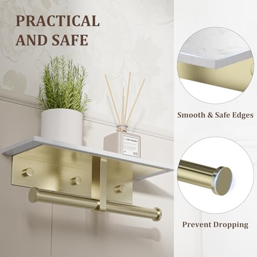 BWE Double Toilet Paper Holder with Shelf, Wall Mounted Tissue Roll Holder for Bathroom, Commercial Toilet Paper Dispenser, Marble Toilet Paper Storage Holder with Phone Shelf (Brushed Gold) - color: Double Brushed Gold
