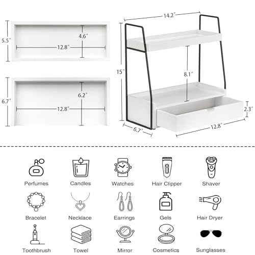 2-Tier Bathroom Organizer Countertop with Drawer, Wood Counter Organizer for Bathroom Decor, Sink Shelf for Vanity Storage, Makeup Tray for Perfume Skincare, Spice Rack Bedroom Kitchen Corner ﻿ - color: White&black