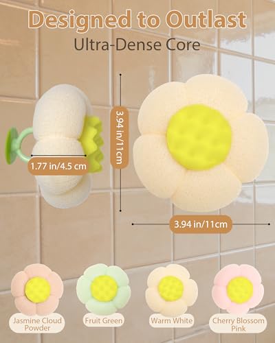 4 Pcs Bath Sponge, 2026 Upgrade Super Soft Yellow Flower-Shaped Suction Cup Bath Sponge, Upgraded 2-in-1 Flower-Shaped Ball Exfoliating Bath loofah Cleaning Brush, Mesh Shower Body Sponger4 Color - style: White+Pink+Green+Light Pink