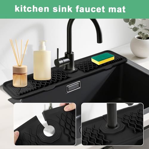 24 Inch Faucet Mat For Kitchen Sink ，5°Slope Fast Draining Silicone Mat , For Kitchen Sink Splash Guard, Bathroom Faucet Draining gadgets (black, 24" x 5.7")