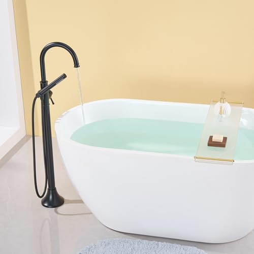 Wowkk Free Standing Tub Faucet Black Freestanding Bathtub Faucet Floor Mount Brass Bathroom Tub Filler with Hand Shower - color: Black, style: Modern