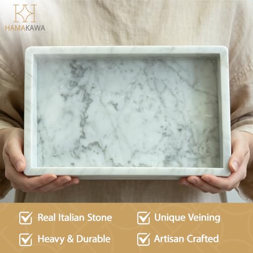 Italian Real Natural Marble Bathroom Vanity Tray 12 inch, Carrara White Stone Jewelry Tray, Rectangle Perfume Trays, Large Tank Trays, Cosmetic Organizer - color: Carrara White Rect Tiered 12-in