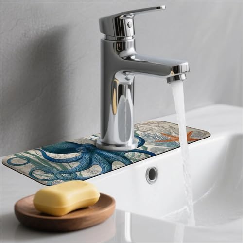 Kitchen Sink Splash Guard，Blue-octopus Faucet Mat Sink Gadgets-Super Absorbent Fast Drying Mat Drip Catcher for Kitchen, Bathroom,Sink Mat, Dish Drying Mat, Bathroom(15" X 5.5" ) - color: Blue-octopus