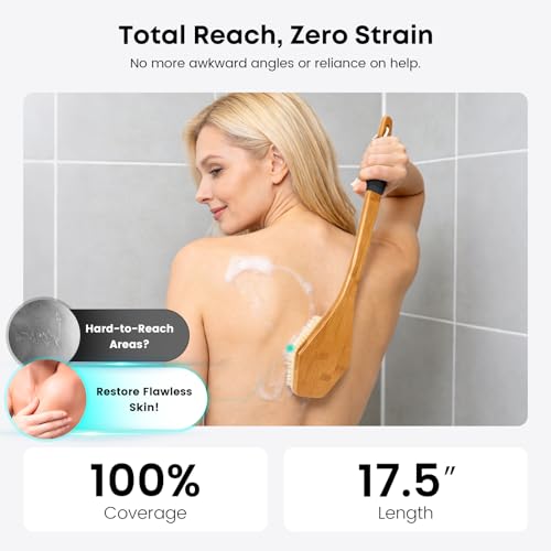 eaxun Bamboo Back Brush with Curved Long Handle, 17.5 Inches Shower Back Scrubber with Stiff Bristles for Men and Women, Exfoliating Body Washer Anti Slip Exfoliator for Bath or Dry Brushing