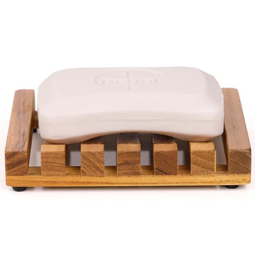 HTB Slotted Bar Soap Holder Teak Wood for Bathroom | Kitchen Wooden Sponge Holder, Self Draining Soap Dish for Shower, Sink, Bathroom, Bathtub, RV,Soap Saver Keep Soap Dry - color: 1pcs