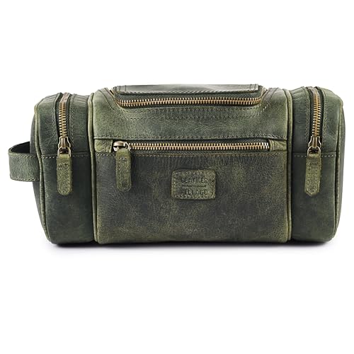 LEATHER VILLAGE Genuine Leather Travel Dopp Kit for Men & Women – Water-Resistant Large-Capacity Hanging Toiletry Bag for Travel, Grooming, Bathroom Organization, Shaving Essentials & Gym Use - Olive - color: Olive