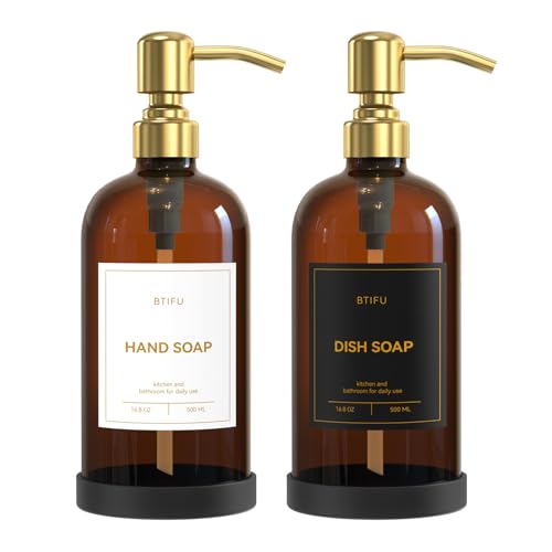 Kitchen Soap Dispenser Set – 16.8oz/500ml Glass Hand and Dish Soap Dispenser with Stainless Steel Pumps & Non-Slip Silicone Base, Luxury Countertop Decor for Home, Airbnb, Office (Amber & Gold) - color: Amber & Gold