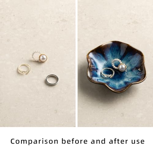 Ceramic Lotus Leaf Trinket Dish, Ring Holder for Jewelry | Keeps earrings, necklaces, keys, and keepsakes handy on vanities or nightstands, a sweet gift for moms, sisters, and friends - color: blue
