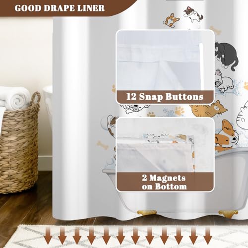 No Hook Shower Curtain and Snap in Liner Set, Cute Cartoon Cats & Dogs Bath Time Print Shower Curtains for Kids Pet Lovers Bathroom, Funny Waterproof Bath Curtain with Mesh Top, 71x74 Inch - color: Cat & Dogs