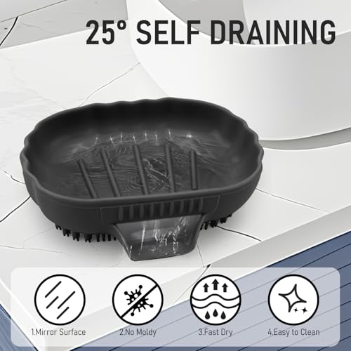 Silicone Soap Dish with Drain 2 Pcs, Anti-Slip Bathroom Bar Soap Holder Dishes Self Draining Waterfall Saver Plate for Shower Sink - Unique Bottom Brush Easy Dry & Clean (Black +Lavender Grey) - color: Black + Grey