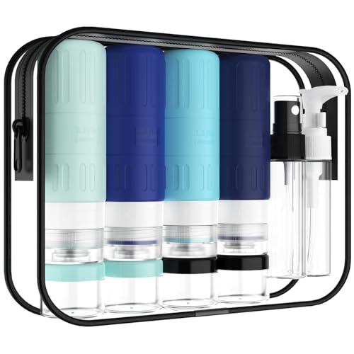 GLAMFIELDS Travel Bottles for Toiletries,TSA Approved 3.3oz Size LeakProof Silicone Toiletry Containers for Shampoo, Conditioner,Easy to Squeeze，Portable Travel Essentials for Lotion(18 Pack) Blue - color: Blue