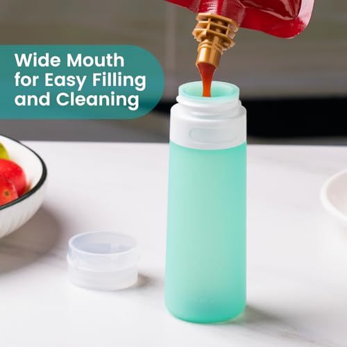 MICEBAY Condiment Squeeze Bottles for Sauces, 3-oz Mini Silicone Salad Dressing Container to Go with Snack Storage Bag, Leakproof Sauce Bottles for Lunch Box, 4 Pack, Mint - color: Mint, size: 3 OZ