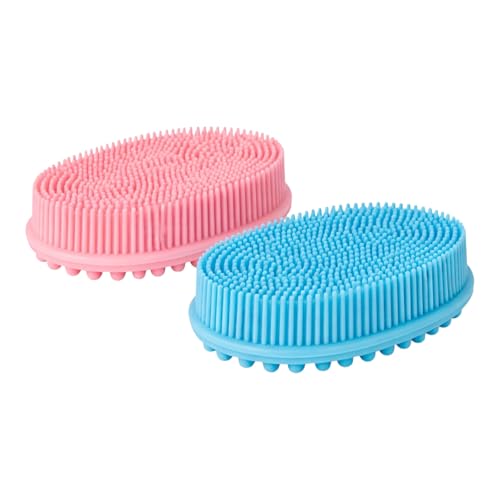 Silicone Body Scrubber Set, 2 Pack Shower Exfoliating Brushes, Pink and Blue