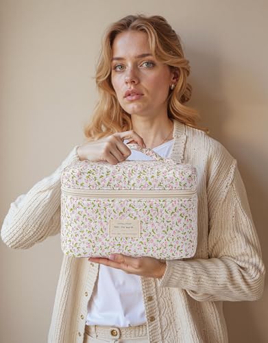HBselect Quilted Makeup Bag, 3PCS Cotton Large Travel Makeup Bag, Cute Floral Coquette Make up Bag Cosmetic Bag Toiletry Bag for Women Girls - color: A-3PCS-Floral 17