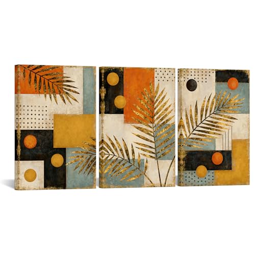 Zlove 3 Pieces Boho Gold Palm Leaf Wall Art | 16x24 Inches, Abstract Geometric Print, Mid Century Style, Living Room Bedroom Decor