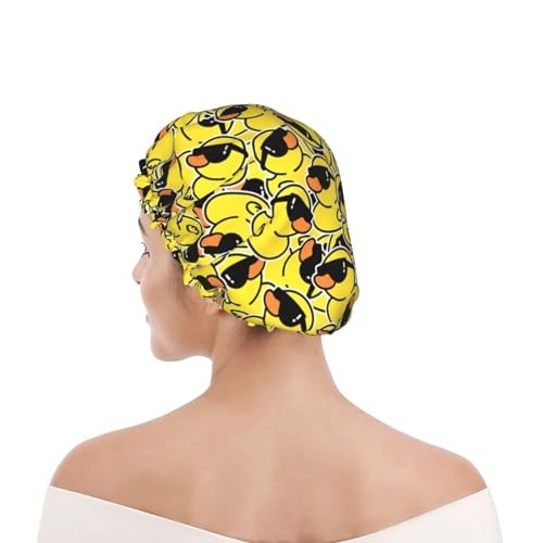 Cute Ducks Shower Cap For Women Reusable Waterproof Double Layers Bath Cap Hair Protection Elastic Ladies Spa Salon Shower Hat - color: Cute Ducks
