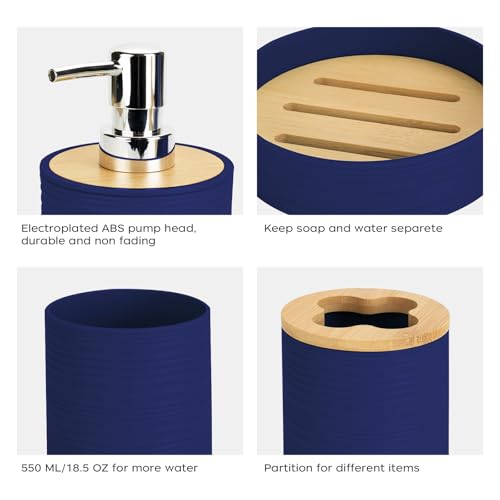 4 PCS Navy Blue Bathroom Accessories Set, Includes a Soap Dispenser, Toothbrush Holder, Soap Dish and Mouthwash Cup, Plastics & Bamboo Bathroom Set, Bohemian Style Bathroom Sink Set - color: Navy Blue, size: 4 PCS