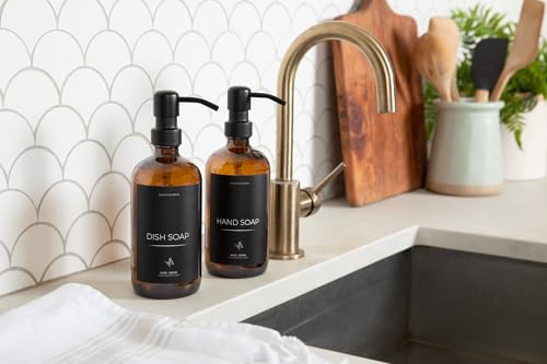 Essentra Home Two 16 oz. Glass Soap Dispensers with Black Pump for Kitchen Sinks, Bathroom Countertop, Shower Refillable Bottles – Waterproof Labels and Foldable Silicon Funnel Included (Amber)