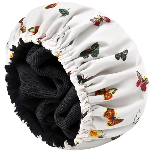 Shower Cap for Women Terry Lined Bath Cap Large Reusable Waterproof Elastic Band Butterfly Shower Caps for Long Thick Hair Soft Bath Shower Hair Caps - color: Colorful Butterfly