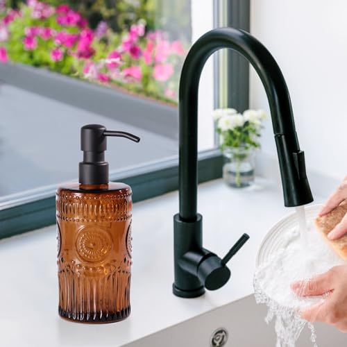 17 OZ Sunflower Embossed Glass Soap Dispenser - 2 Pack, with 304 Rust Proof Stainless Steel Pump, Glass Soap and Lotion Dispenser Set, Liquid Hand Soap Dispenser for Home, Kitchen & Bathroom (Amber) - color: Amber