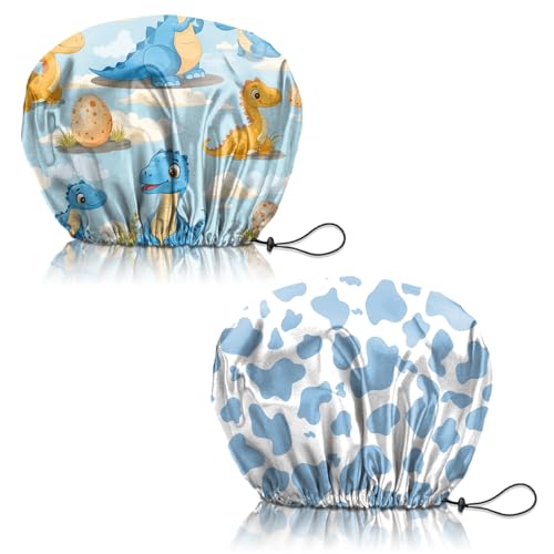 2 PCS Shower Cap Reusable Waterproof Adjustable Double Layer Elastic Dry Hair Bathing Caps Aesthetic Cute for Women Girls-Dinosaur Blue - color: H-14-Dinosaur Blue