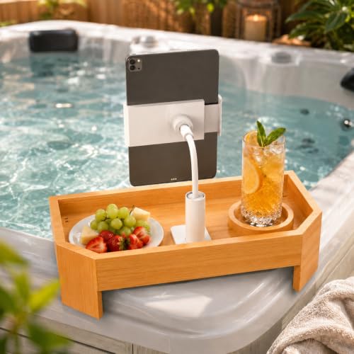 Vespara Bamboo Hot Tub Tray Table with Adjustable Phone Holder, Non Slip Hot Tub Table Spa Gifts for Women, Bathtub Canddy Tray with Wine Glass Holder Tray for Luxury Bathtub& Bathroom Accessories - color: Bamboo