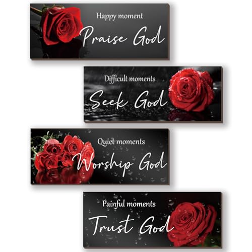 ONIZHITY 4 Pcs Red Bathroom Decor Religious Wall Art Bible Verse Inspirational Red Rose Wall Decor Rustic Flower Wooden Christian Sign for Home Bathroom Office Bedroom Living Room Kitchen(10x4) - color: Red Rose