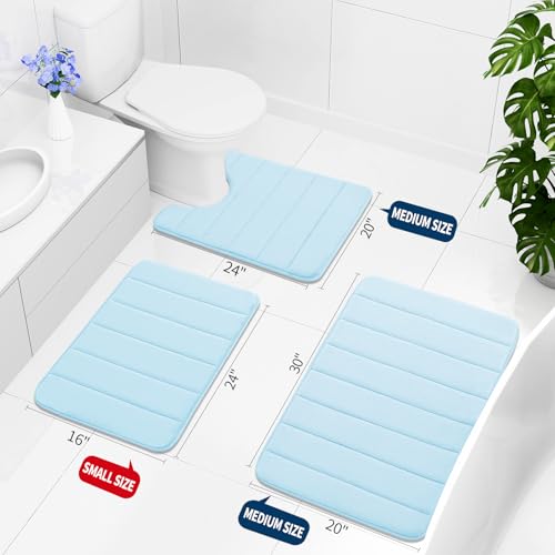 Buganda Memory Foam 3 Pieces Bathroom Rugs Set - Thick Soft Absorbent Bath Mats, Washable Small/Large/Contour Bath Rugs (24" x 16" + 30" x 20" + 24" x 20", Light Blue) - color: Light Blue, size: 24" X 16" + 30" X 20" + 24" X 20"