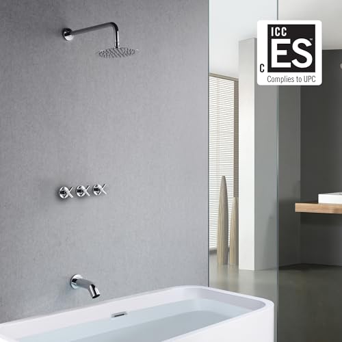 SUMERAIN 3 Handle Shower and Tub Faucet Set, Chrome | Wall Mounted, Waterfall Tub Spout, 8" Rain Shower Head, Brass Rough-in Valve, Cross Handle - color: Chrome