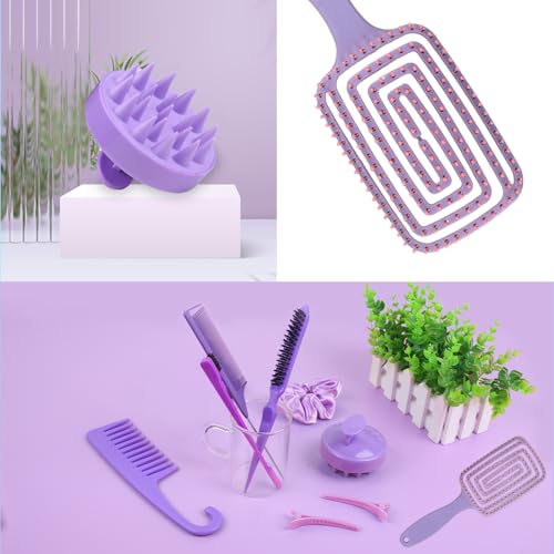 12 pcs Hair Brush Set,Detangler Brush with Hair Spray Bottle Scalp massager for Wet Dry Curly Hair, Bristle Hair Brush Hair Comb for Women Girl,Hair Styling Tools (Purple)