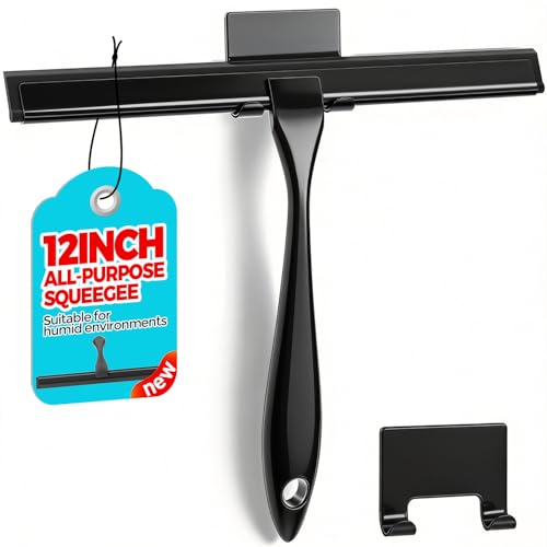 ALFLOD 12" Shower Squeegee for Glass Doors, Tile Walls, Car Windows, Black | bathroom accessories, new home essentials, silicone blade, metal handle, adhesive hook, household tool, multipurpose cleaner - color: Black, size: 12 Inch
