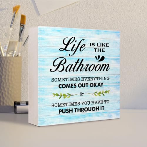 Blue Wood Life is Like The Bathroom Wooden Box Sign Desk Decor,Funny Bathroom Wood Block Sign for Farmhouse Toilet Shelf Decor - color: Blue Rustic