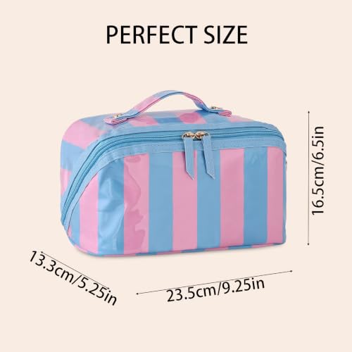 DYSHAYEN Stripe Travel Makeup Bag with Compartments Clear Coated Cosmetic Bag for Women, Waterproof Portable Open Flat Toiletry bag （Blue-Pink） - color: Blue-Pink