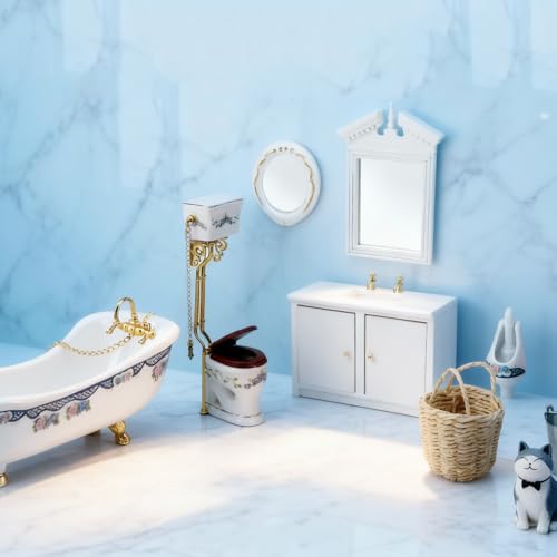 Dollhouse Bathroom Set 5PCS Miniature Porcelain Furniture 1/12 Victorian Dollhouse Furniture White Ceramic Toilet Bathtub Washbasins Decoration Accessory (Blue) - style: Blue